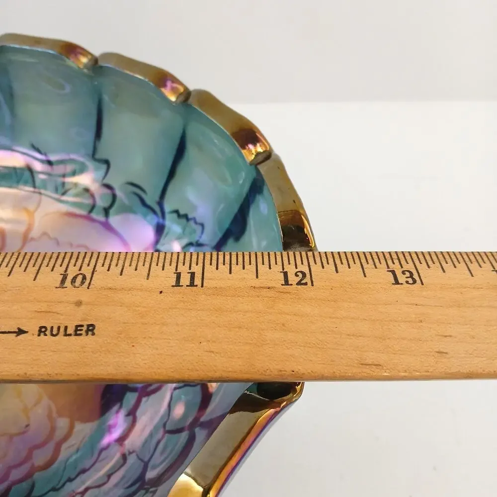 Vintage Iridescent Carnival Glass Bowl Gold Rim Decorative Footed Fruit Bowl